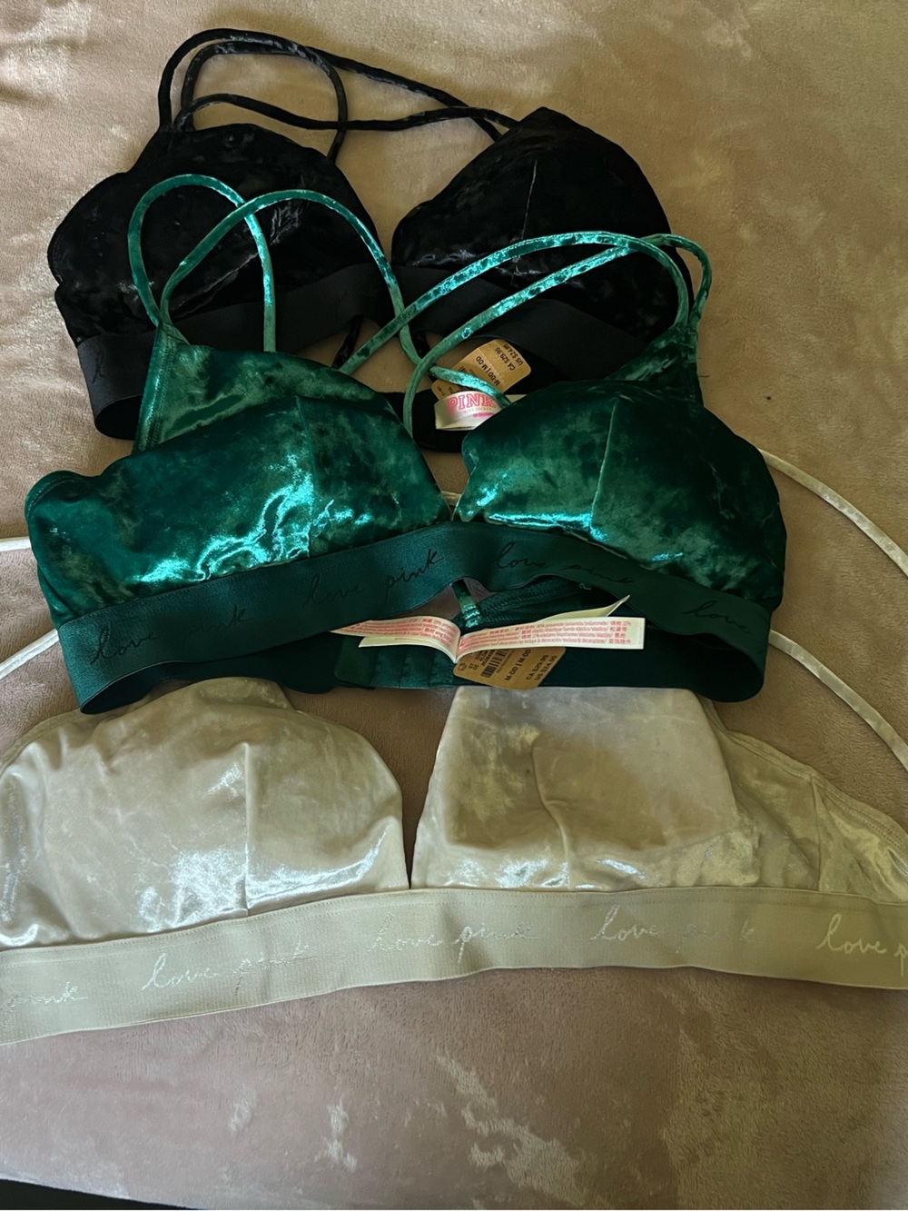 34 DD M Women’s Velvet Triangle Bralette - Green, Black, Ivory